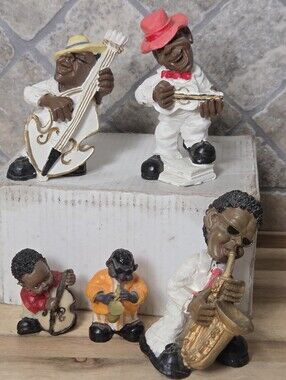 Vintage Black American Musical Jazz Band 5 Piece Painted Resin Musicians
